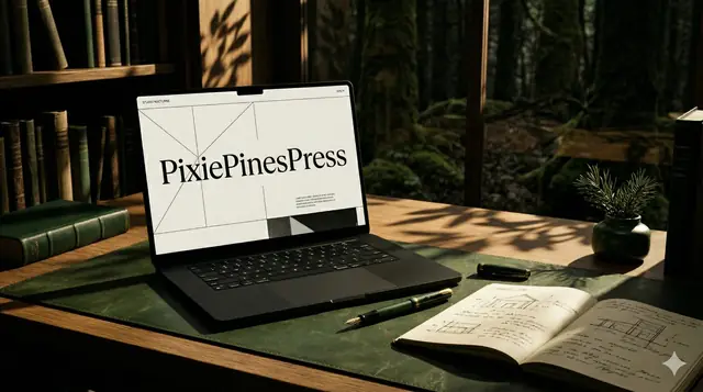 PixiePinesPress studio laptop mockup