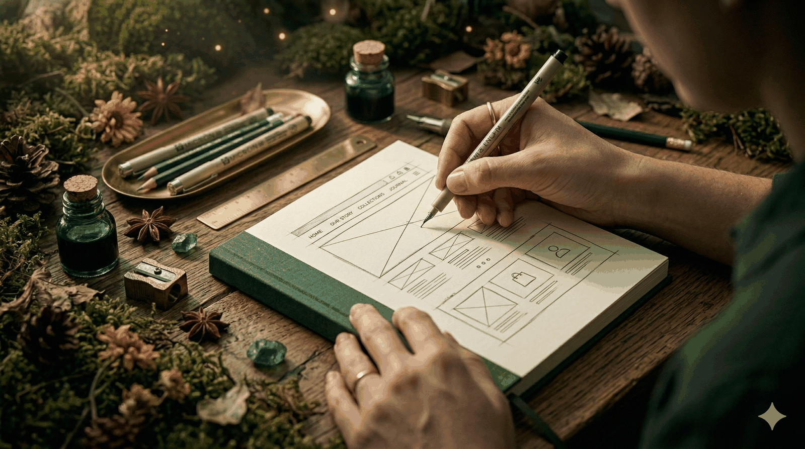 PixiePinesPress design process sketch