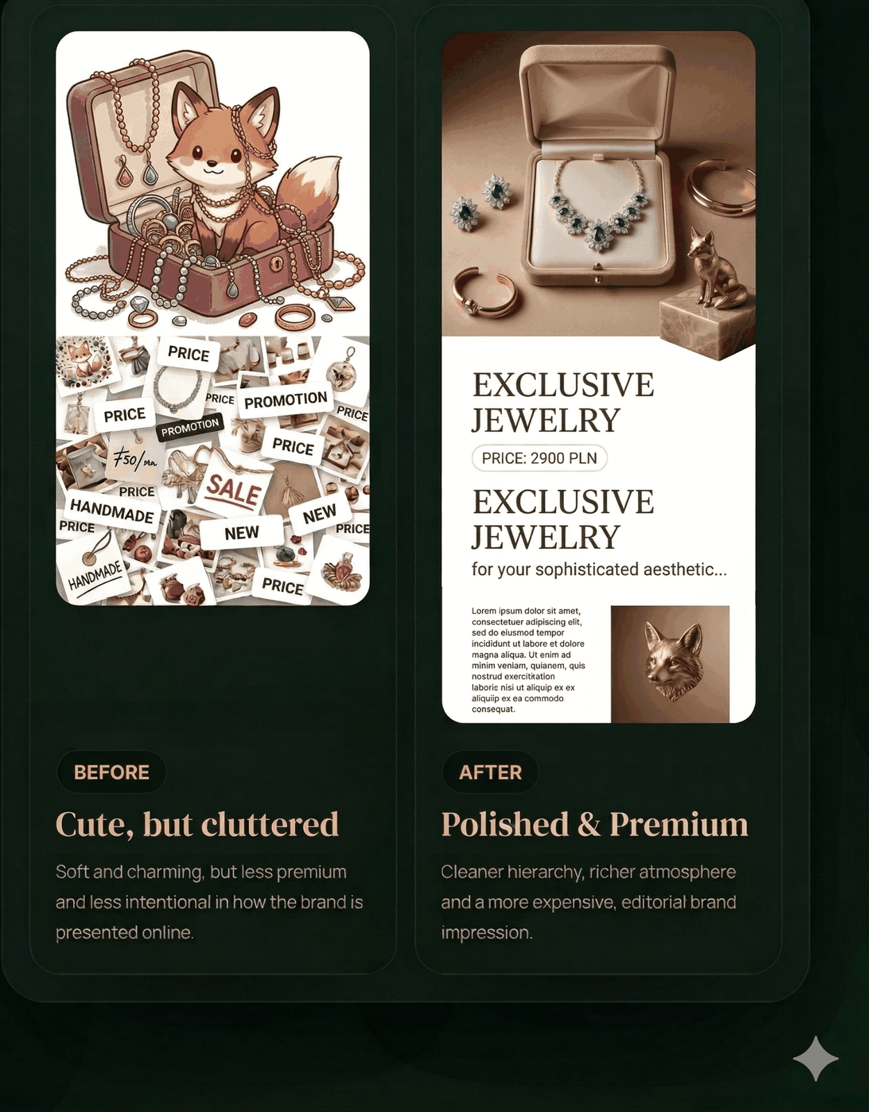 Comparaison avant/après montrant une présentation de marque plus premium et plus boutique