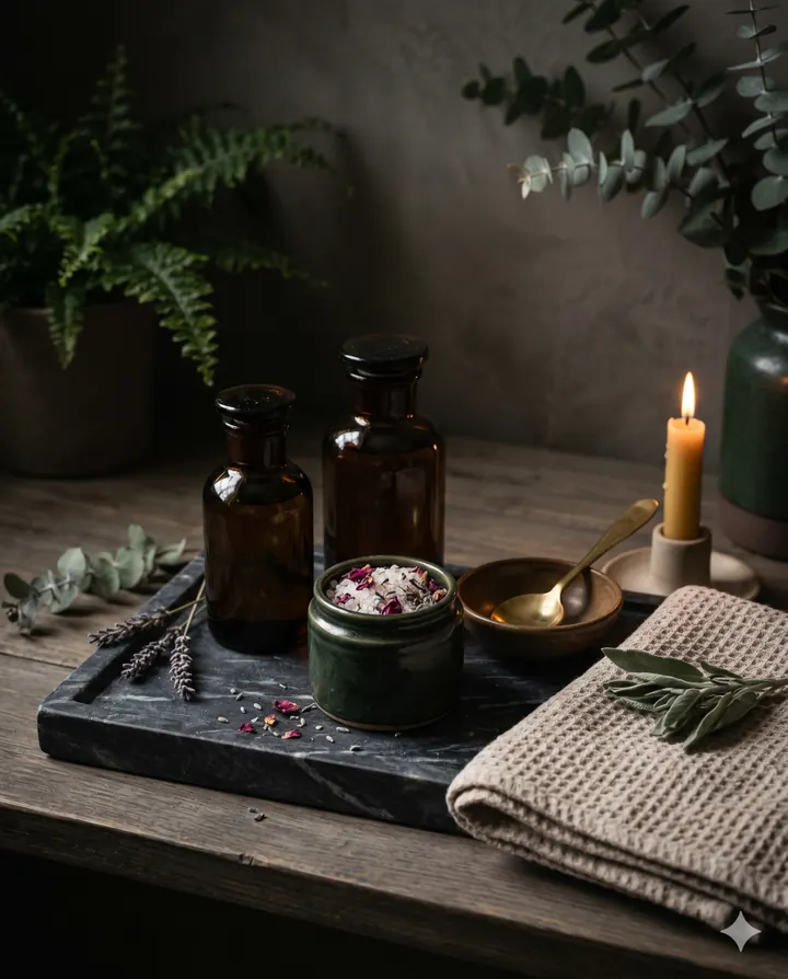 Escena de baño ritual con botellas ámbar, sales y luz de velas