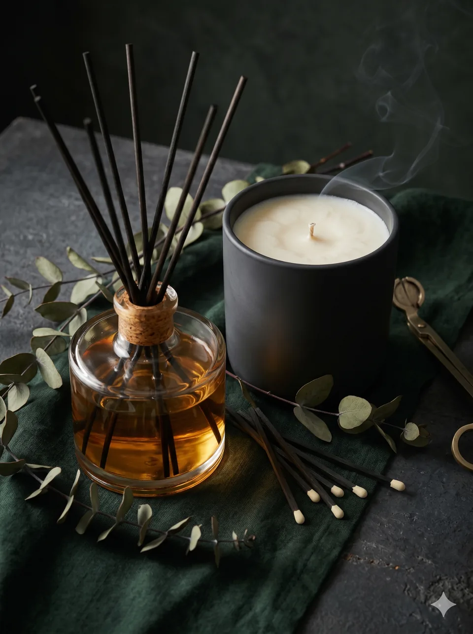 Primer plano de difusor y vela de Home Scent Atelier