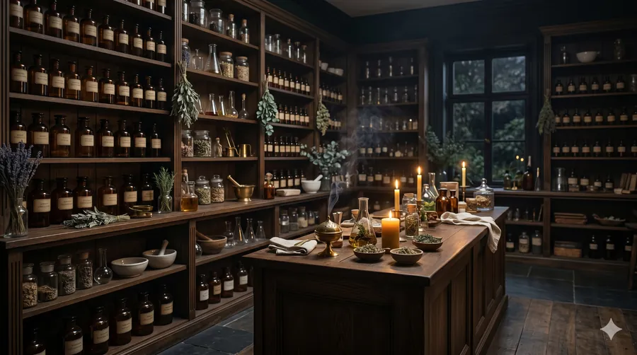 Intérieur apothecary sombre avec flacons ambrés, bougies et stylisme rituel
