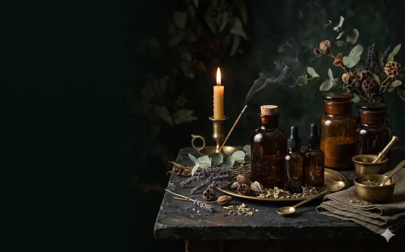 Flacons ambrés, fumée d’encens et outils en laiton dans une nature morte apothecary sombre