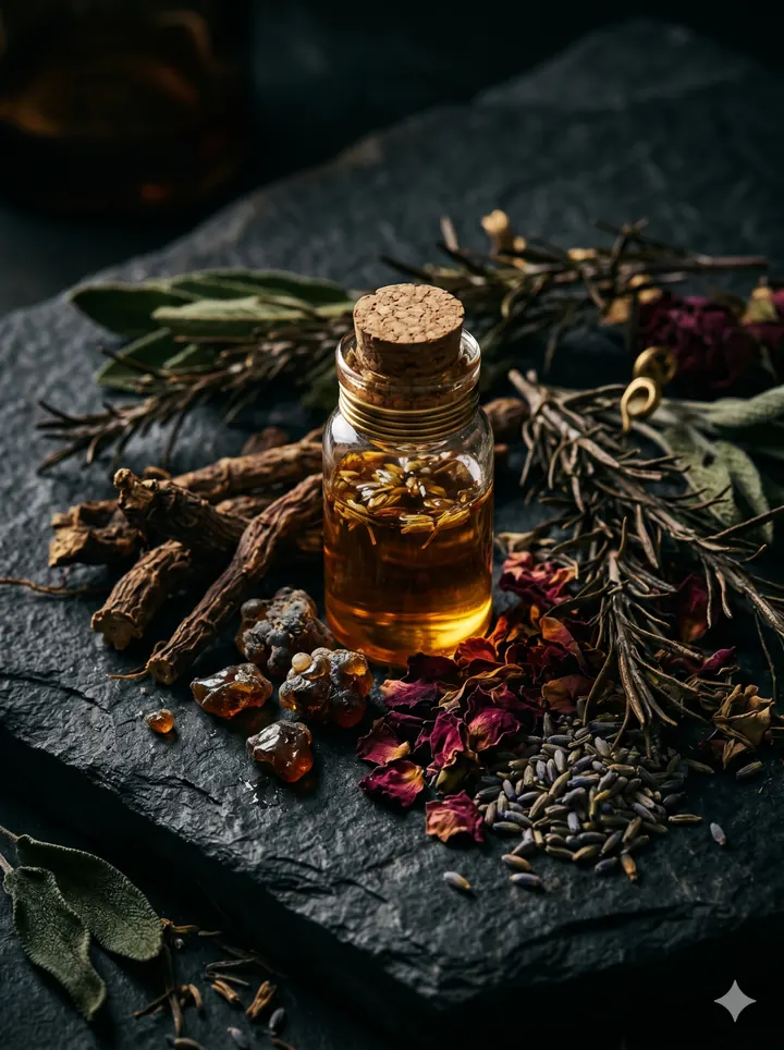 Close-up of apothecary oil with herbs and botanicals on dark stone